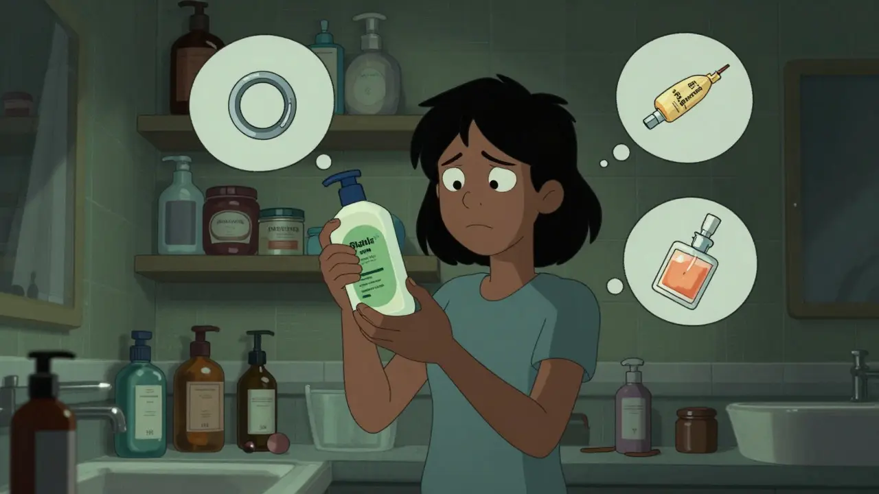 Person examining product labels in a bathroom with floating allergen icons