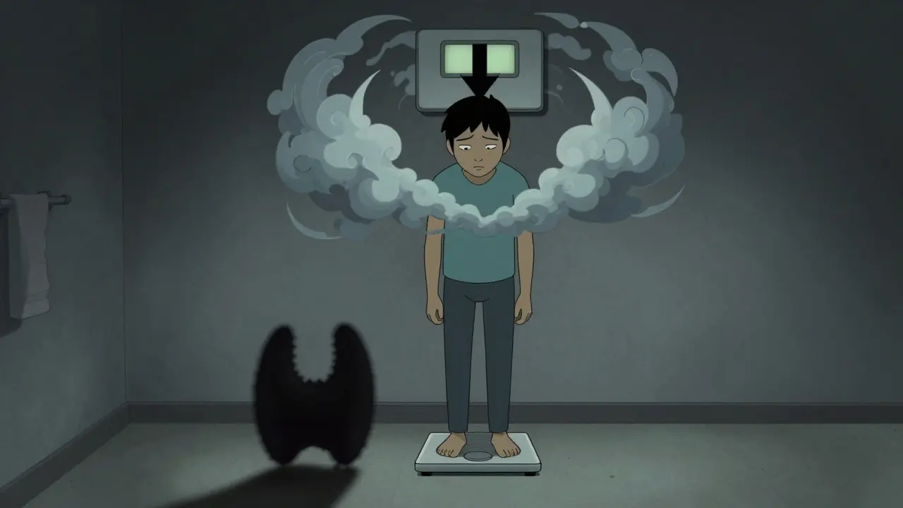 Person on scale with shadowy thyroid risk in adult swim style