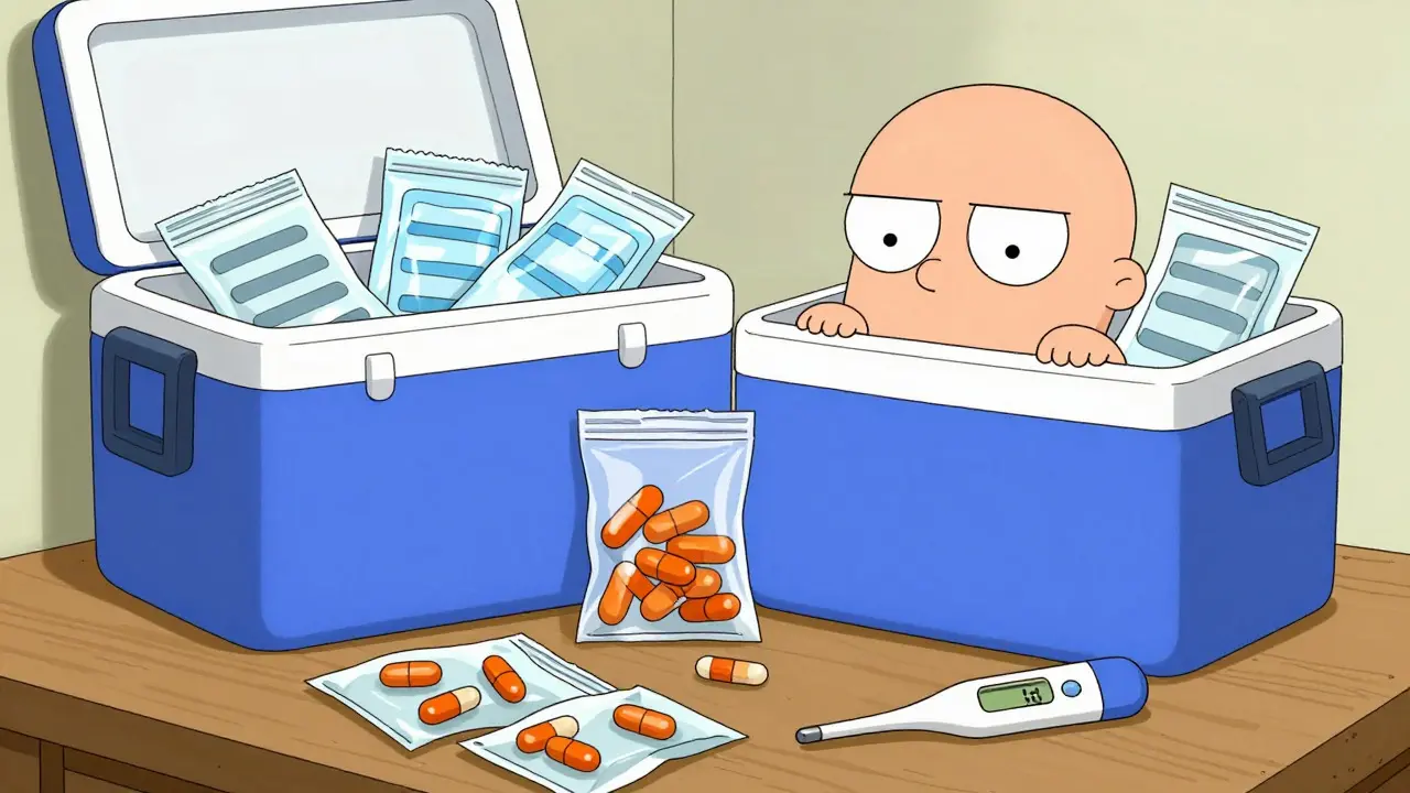 Person packing vacuum-sealed pills and ice cooler