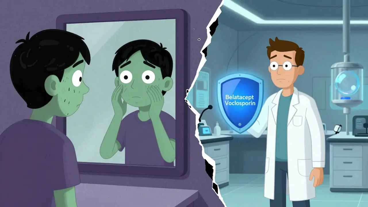 Split image of side effects vs new treatments