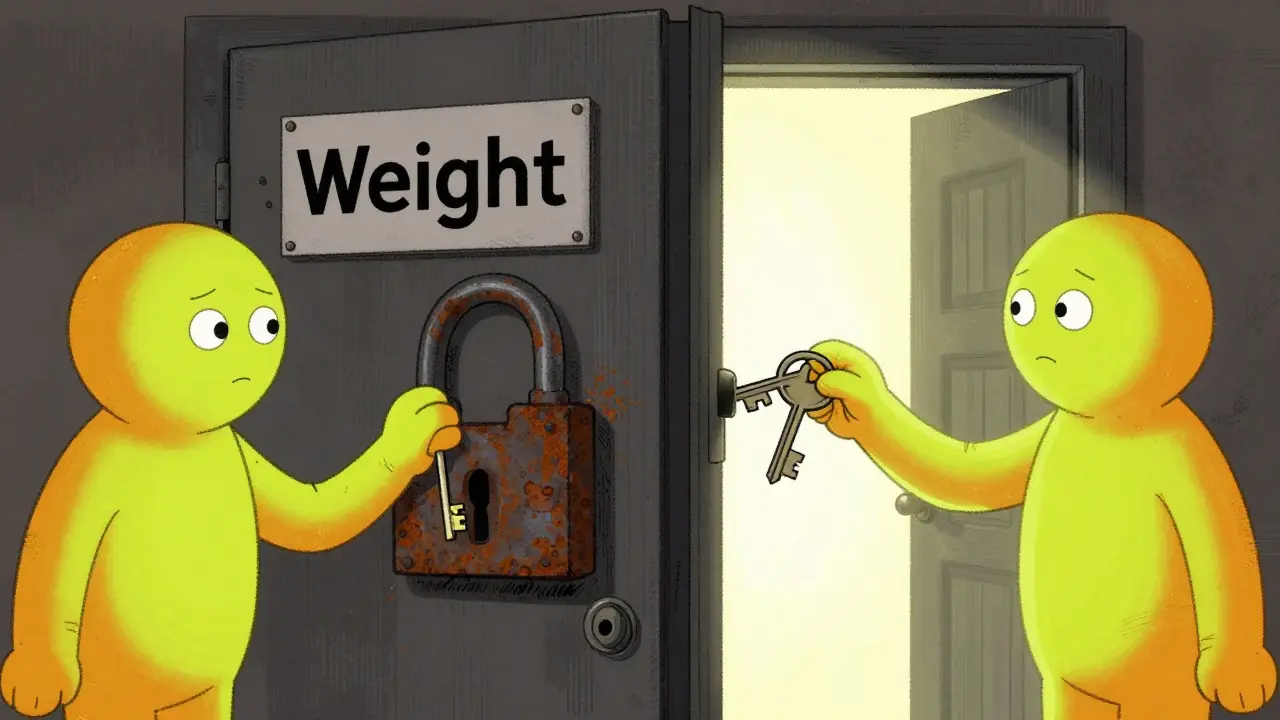 Split screen comparing single vs dual key unlocking weight loss doors