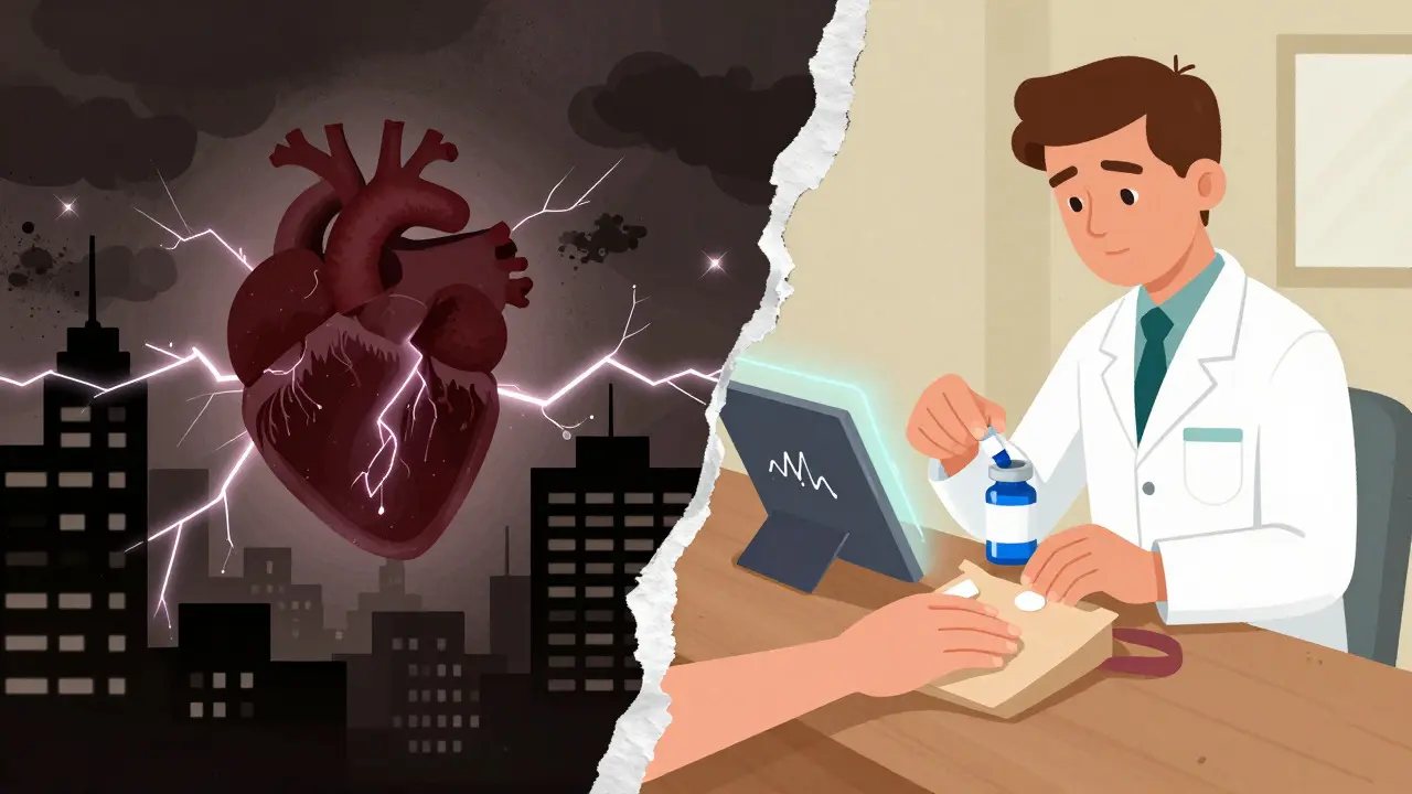 Split screen showing heart danger versus safe medication choice