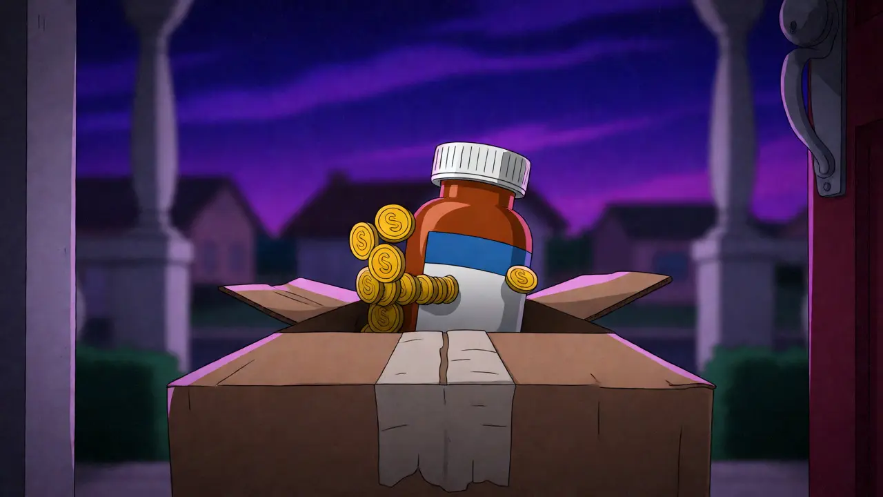 Stylized mail-order package delivering medication savings