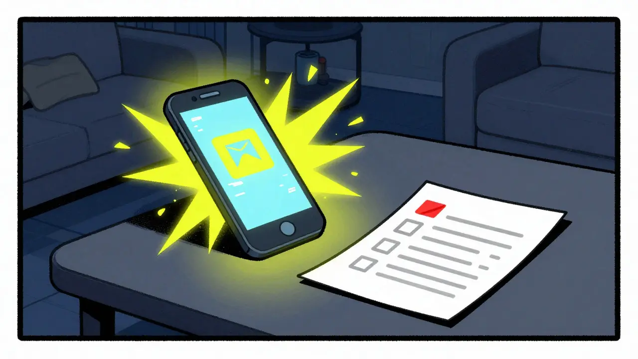 Vibrating smartphone vs stable paper medication list on a table