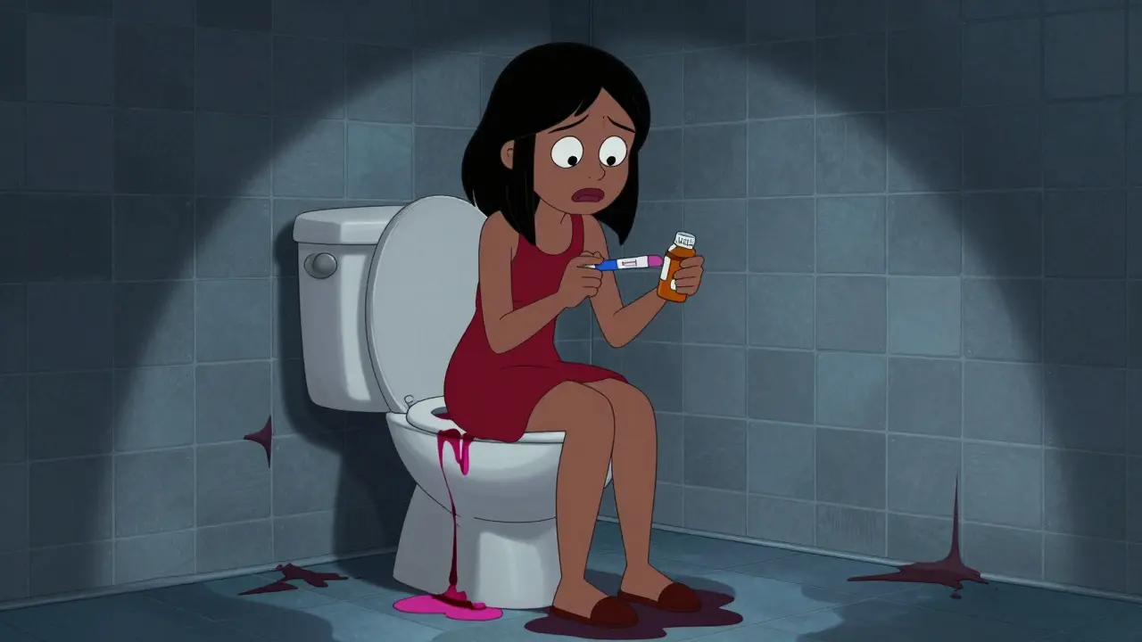 Woman on a toilet holding a pregnancy test, surrounded by dripping stains