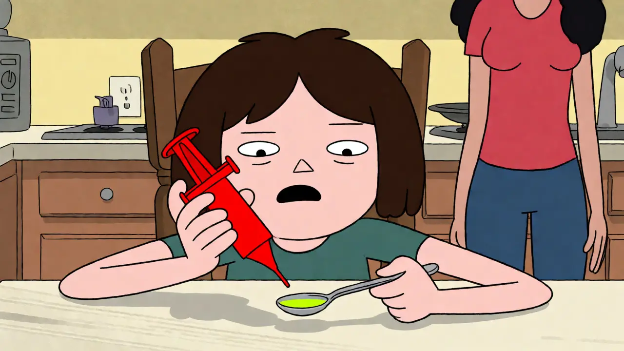 Child struggling to measure medicine with a small kitchen spoon.