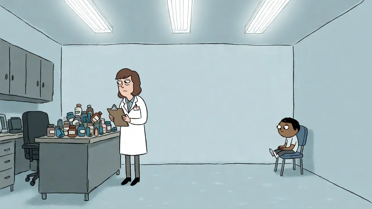 Overwhelmed teacher managing medication chaos in a school office.