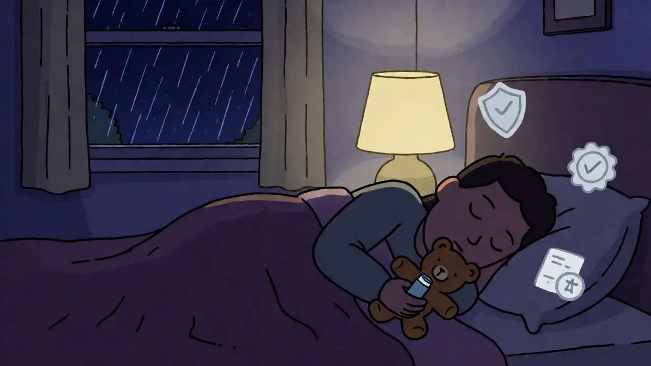 Person sleeping peacefully with generic inhaler in cozy bedroom